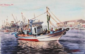 Arte: ENRIC TRAPERO BALLESTERO (XX) ACUARELA FECHADA DEL AÑO 1979. BARCA DE PESCA